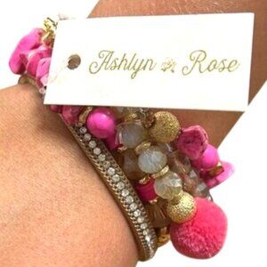 NWT Ashlyn Rose Pink Gold Beaded Bracelet Set With Pom-Pom Rhinestones